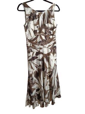 Minuet Brown Beige 15%Silk Floral Sleeveless Midi Dress Fitted Waistline Sz M